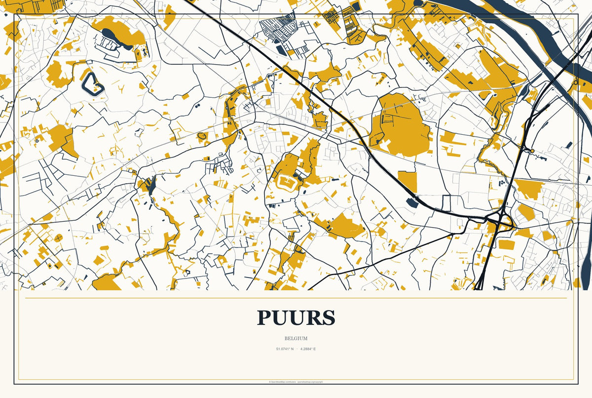 Puurs, Belgium City Map Aluminum Sign in Citrine Modern style
