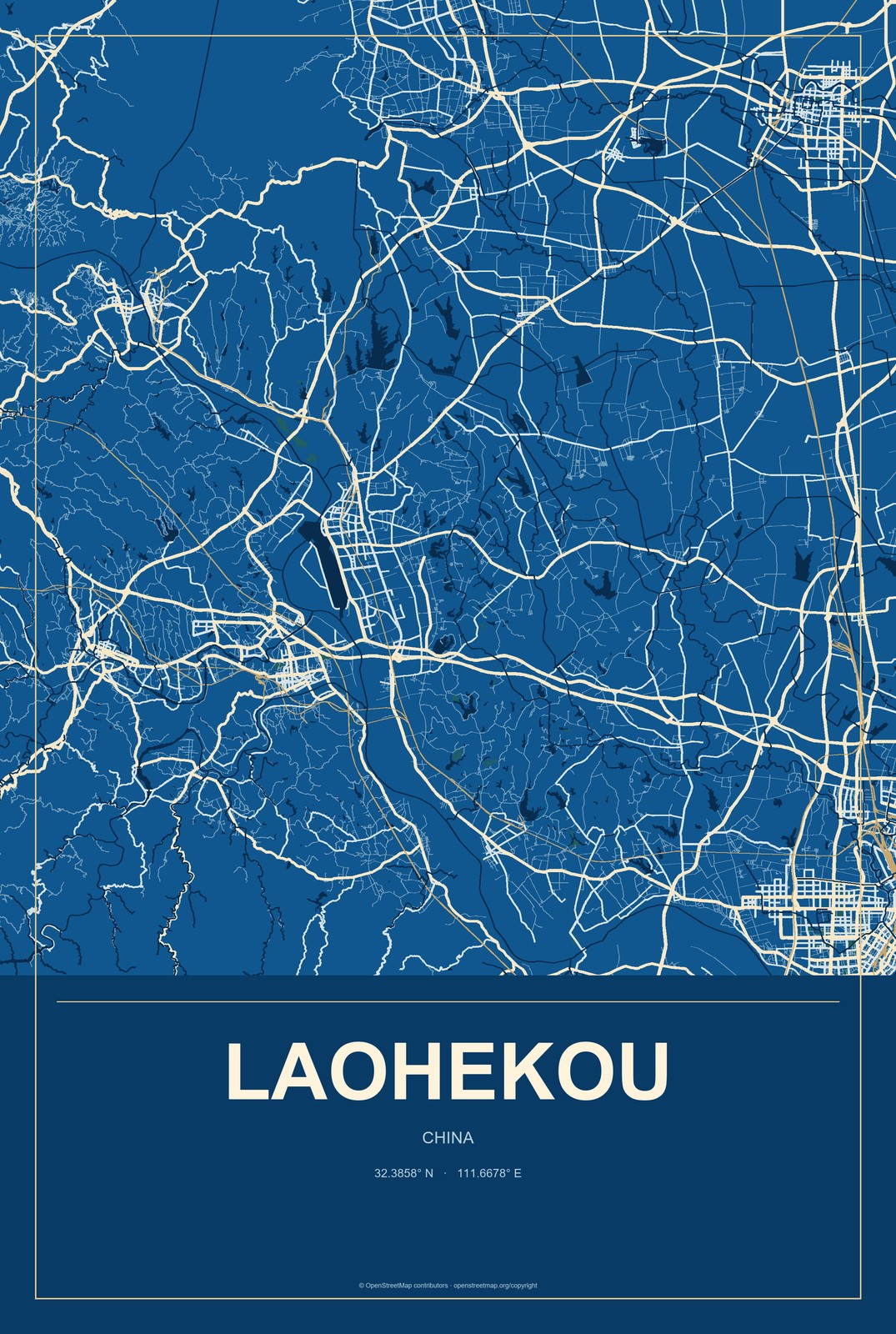 Laohekou, China City Map Aluminum Sign in Harbor Cobalt style