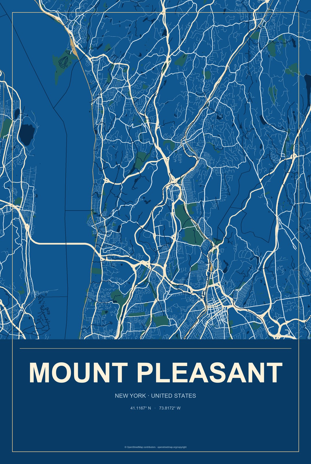 Mount Pleasant, New York City Map Aluminum Sign in Harbor Cobalt style