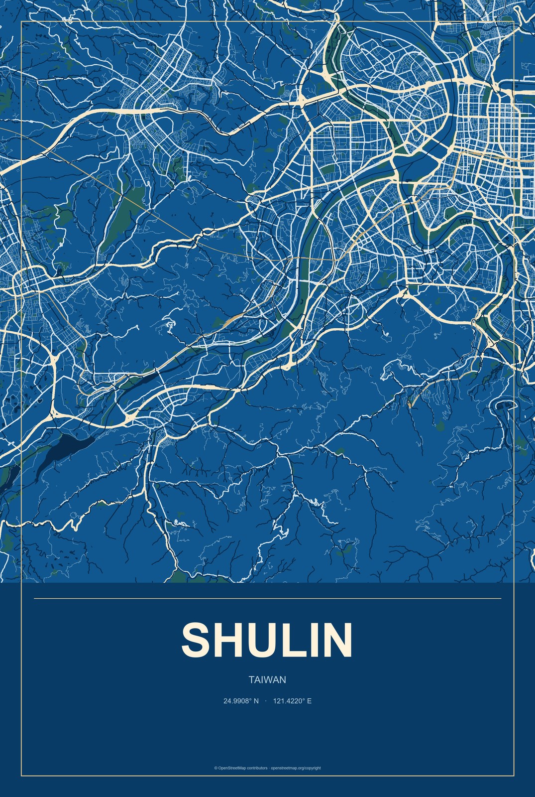 Shulin, Taiwan City Map Aluminum Sign in Harbor Cobalt style