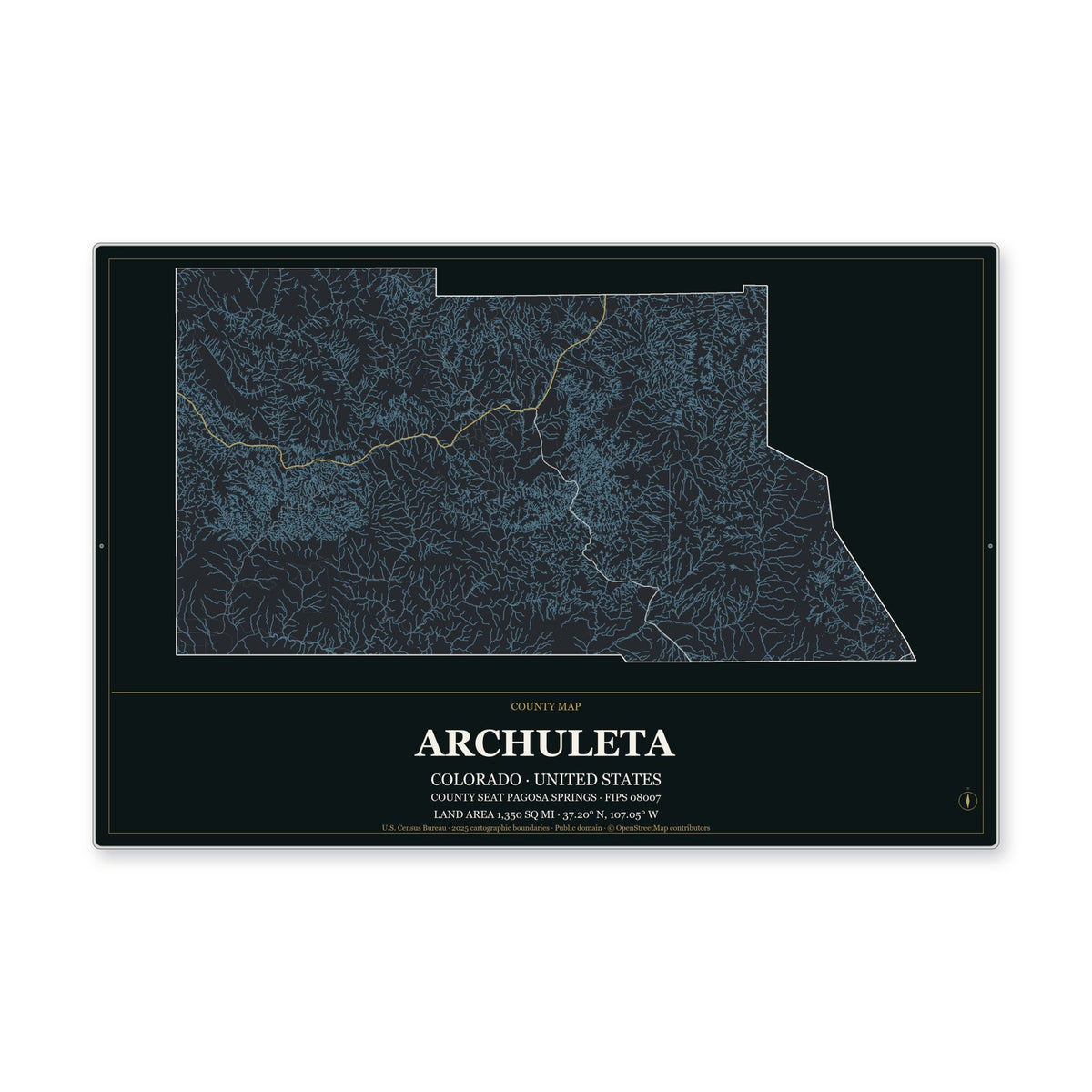 Archuleta County, Colorado Map Aluminum Sign in Metropolitan Noir style
