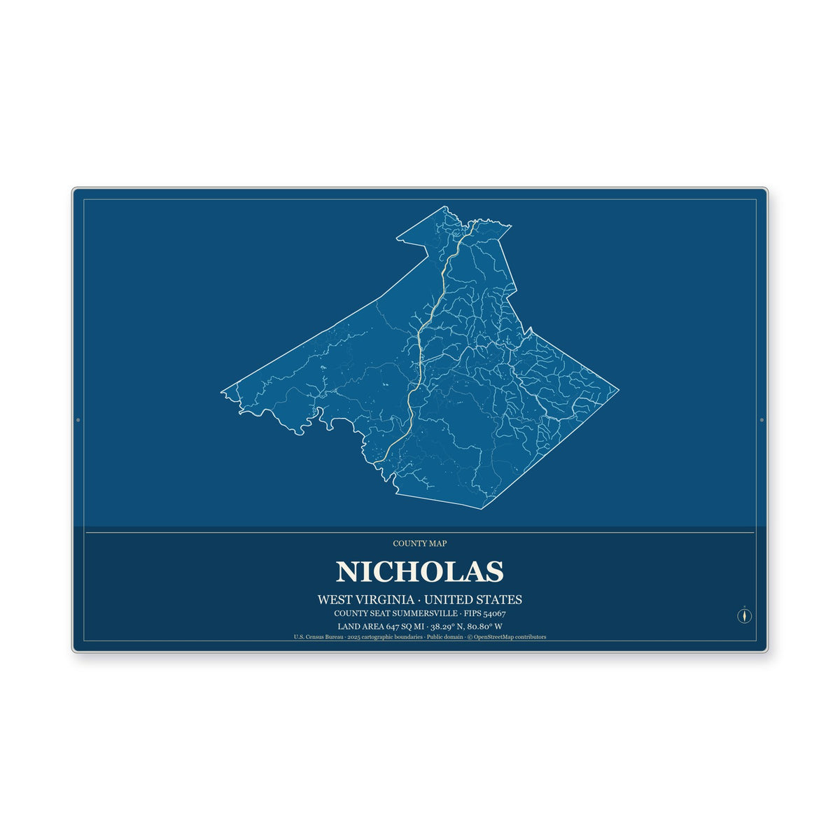 Nicholas County, West Virginia Map Aluminum Sign in Harbor Cobalt style