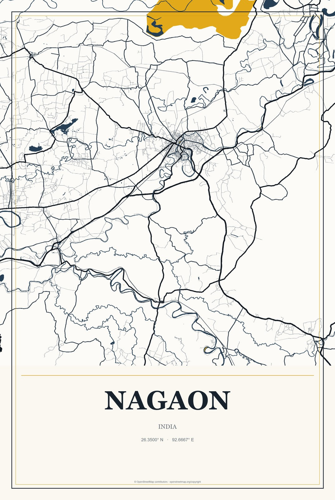Nagaon, India City Map Aluminum Sign in Citrine Modern style