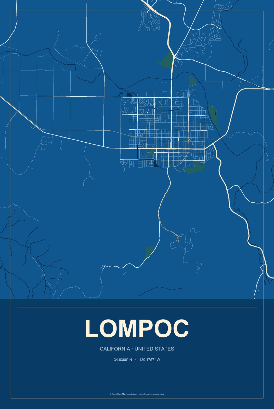 Lompoc, California City Map Aluminum Sign in Harbor Cobalt style