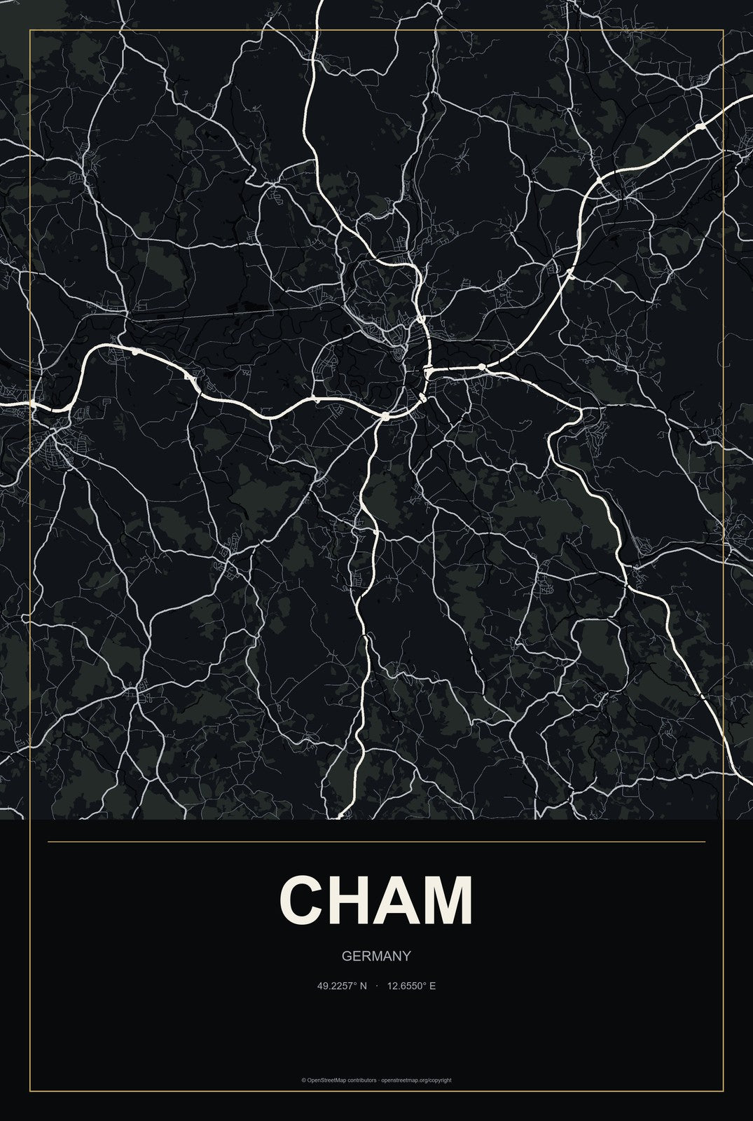 Cham, Germany City Map Aluminum Sign in Metropolitan Noir style