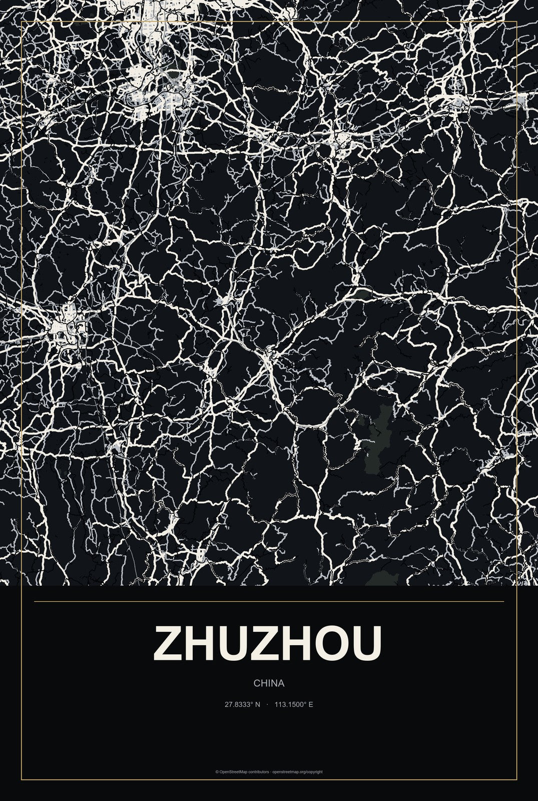 Zhuzhou, China City Map Aluminum Sign in Metropolitan Noir style