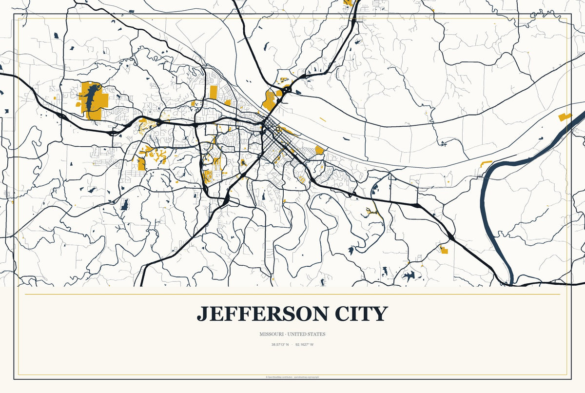 Jefferson City, Missouri City Map Aluminum Sign in Citrine Modern style