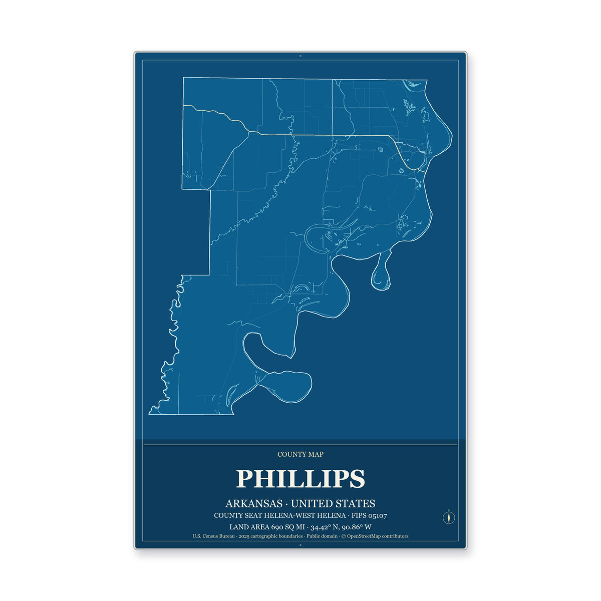 Phillips County, Arkansas Map Aluminum Sign in Harbor Cobalt style