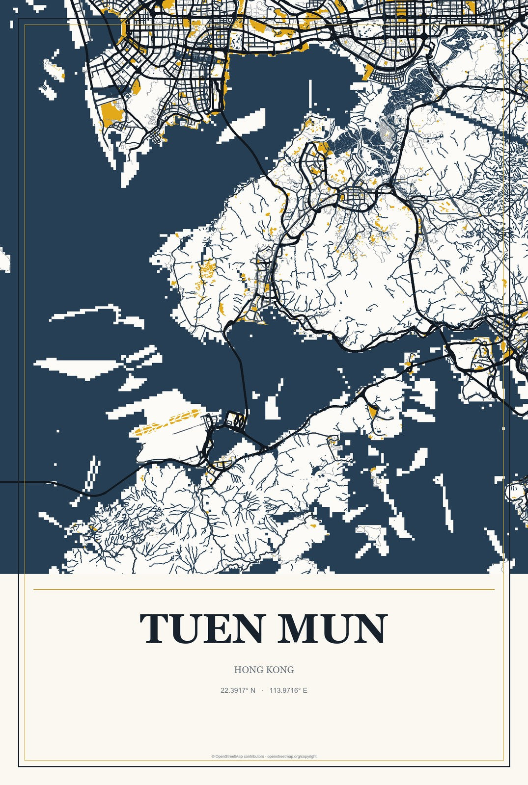 Tuen Mun, Hong Kong City Map Aluminum Sign in Citrine Modern style