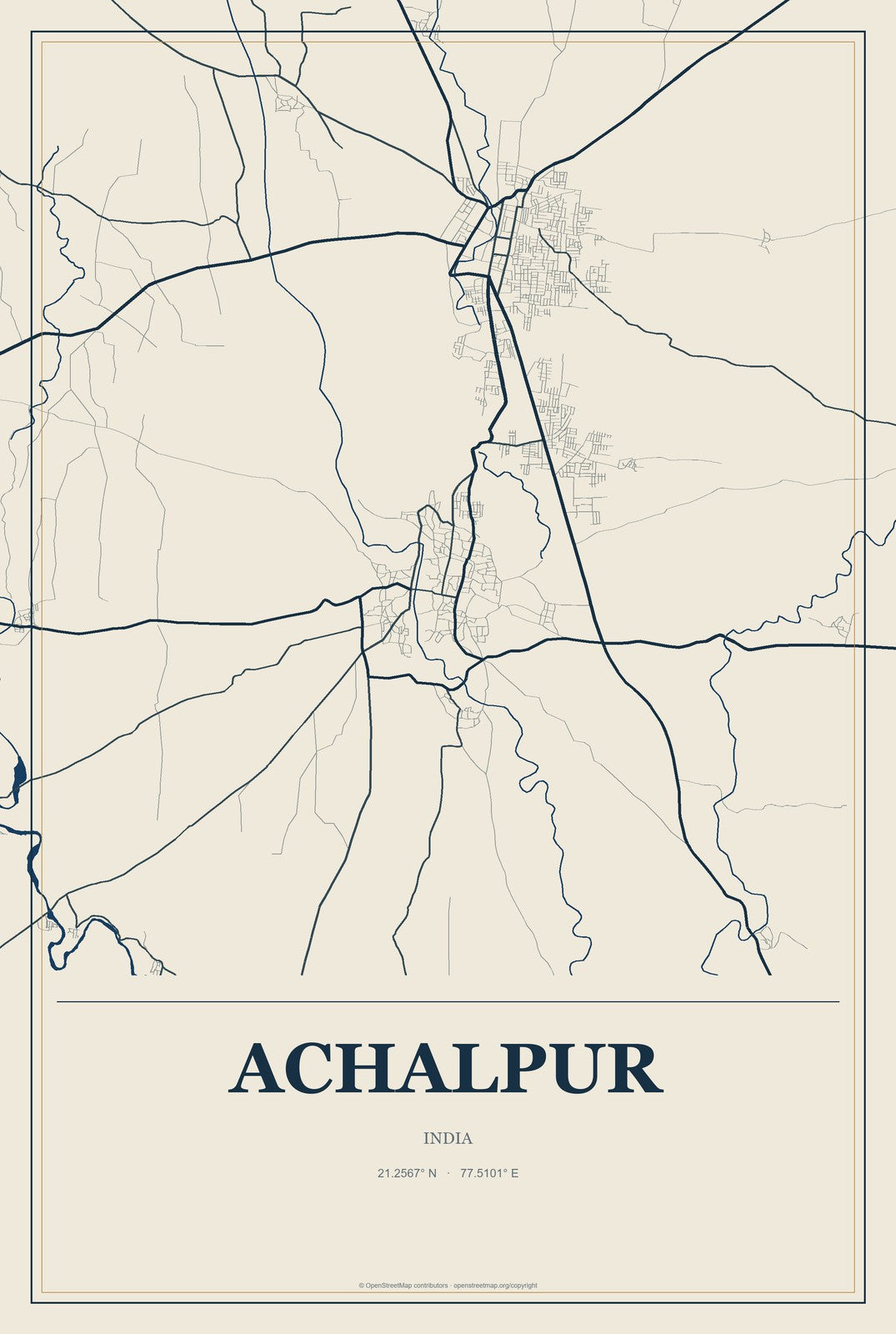 Achalpur, India City Map Aluminum Sign in Coastal Cutout style