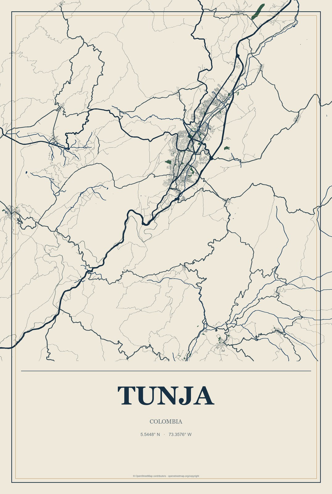 Tunja, Colombia City Map Aluminum Sign in Coastal Cutout style