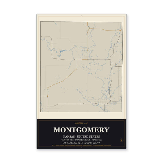 Montgomery County, Kansas Map Aluminum Sign in Museum Plaque style