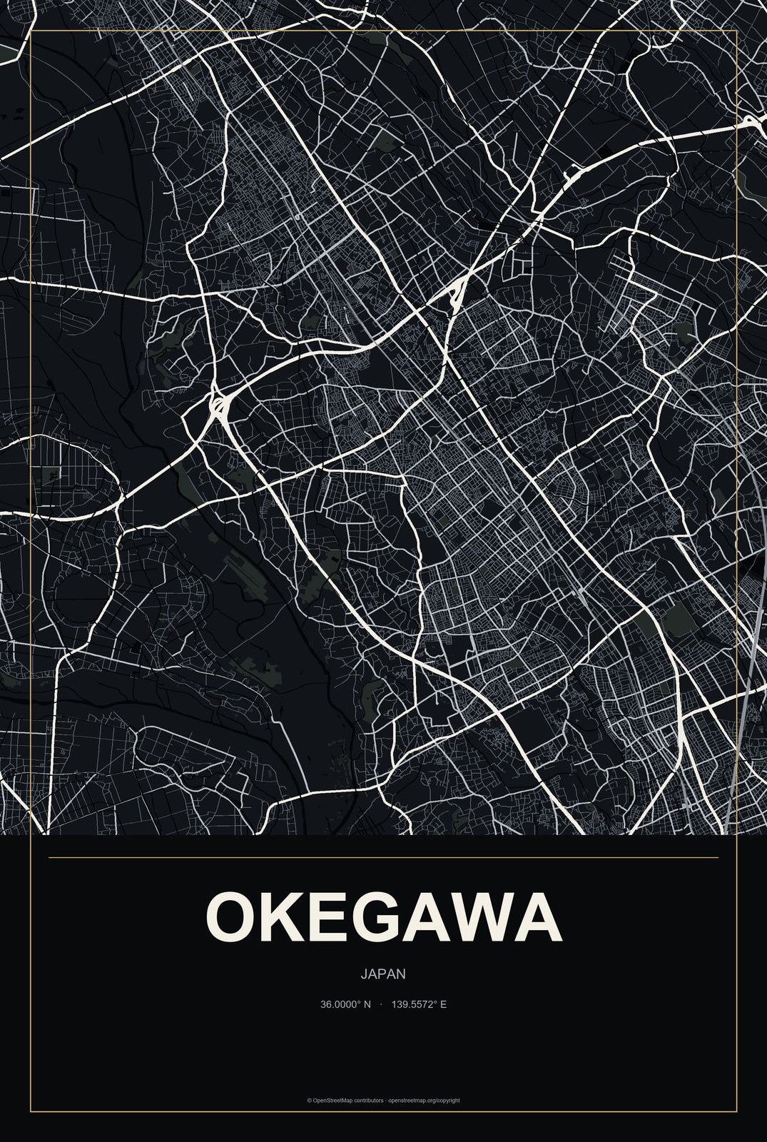 Okegawa, Japan City Map Aluminum Sign in Metropolitan Noir style