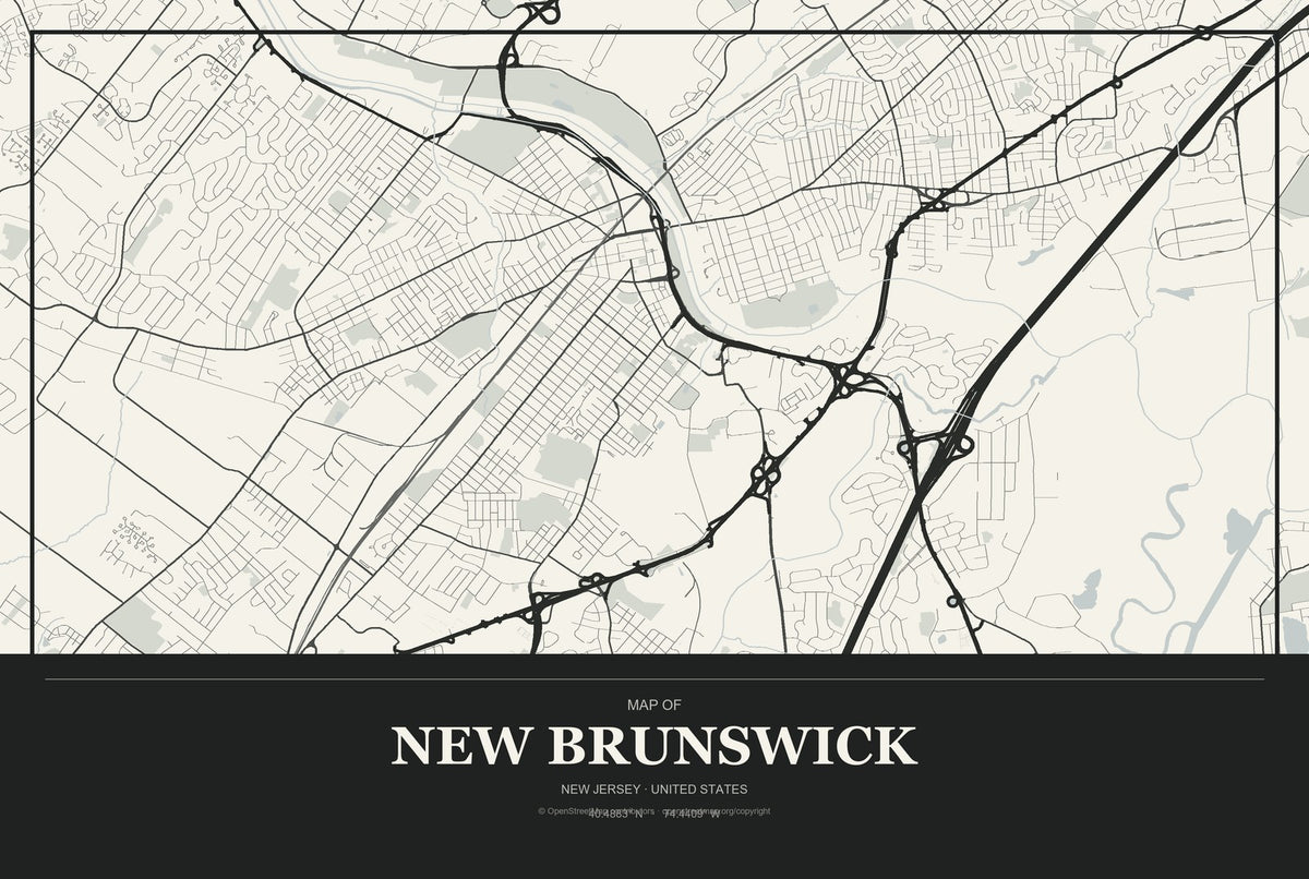 New Brunswick, New Jersey City Map Aluminum Sign in Museum Plaque style
