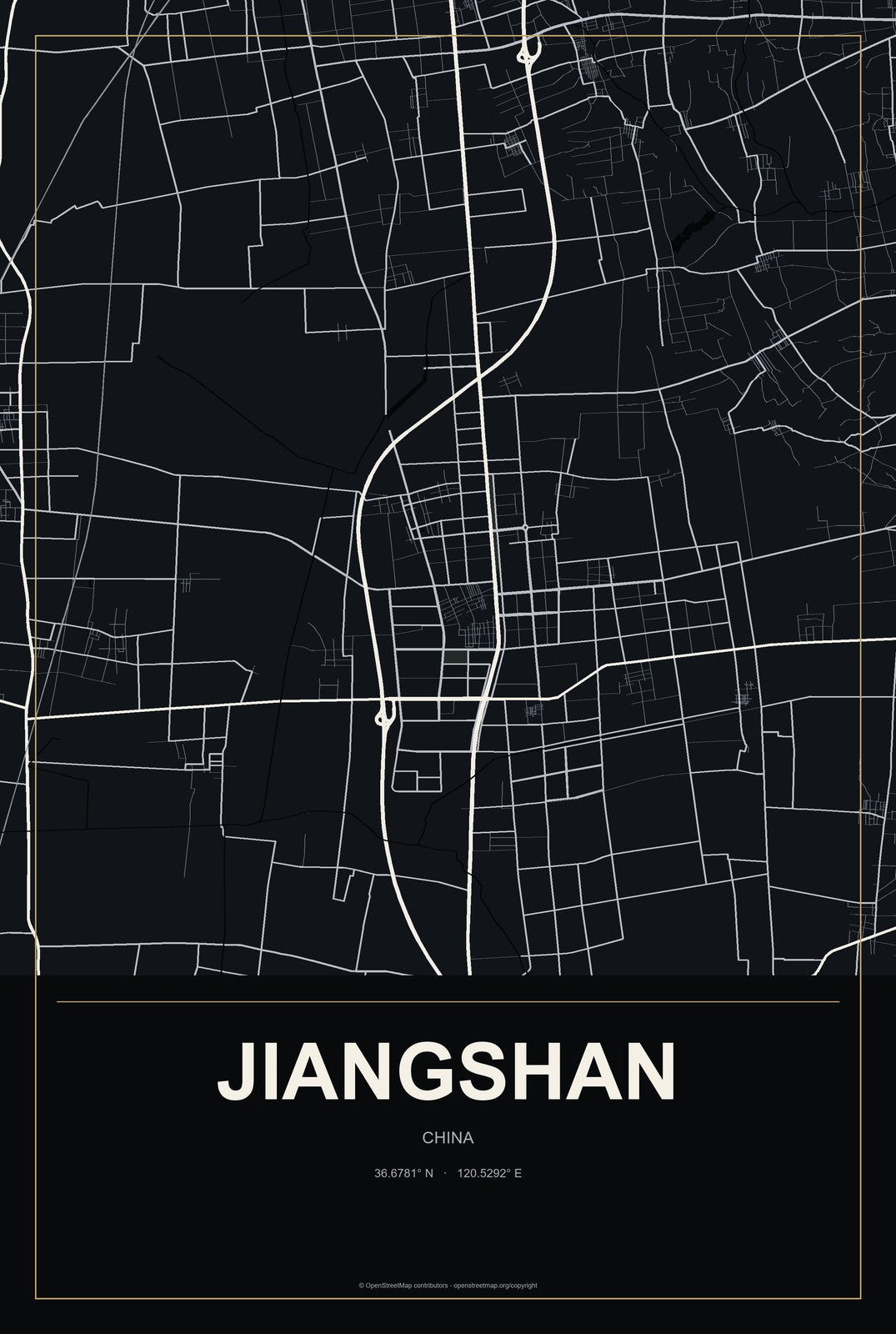 Jiangshan, China City Map Aluminum Sign in Metropolitan Noir style