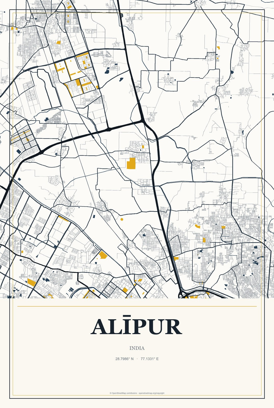 Alīpur, India City Map Aluminum Sign in Citrine Modern style