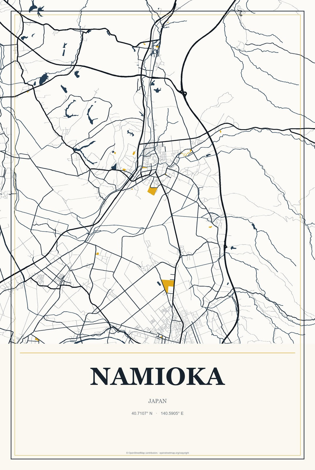 Namioka, Japan City Map Aluminum Sign in Citrine Modern style