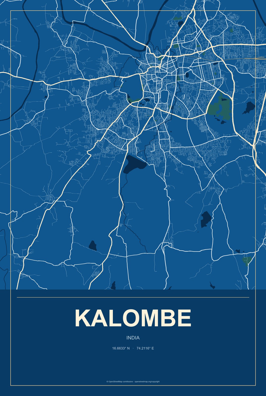 Kalombe, India City Map Aluminum Sign in Harbor Cobalt style