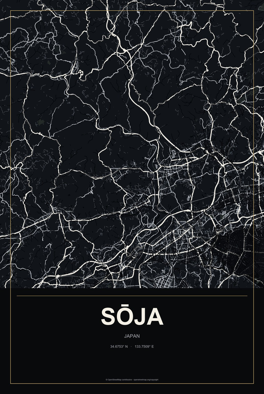Sōja, Japan City Map Aluminum Sign in Metropolitan Noir style