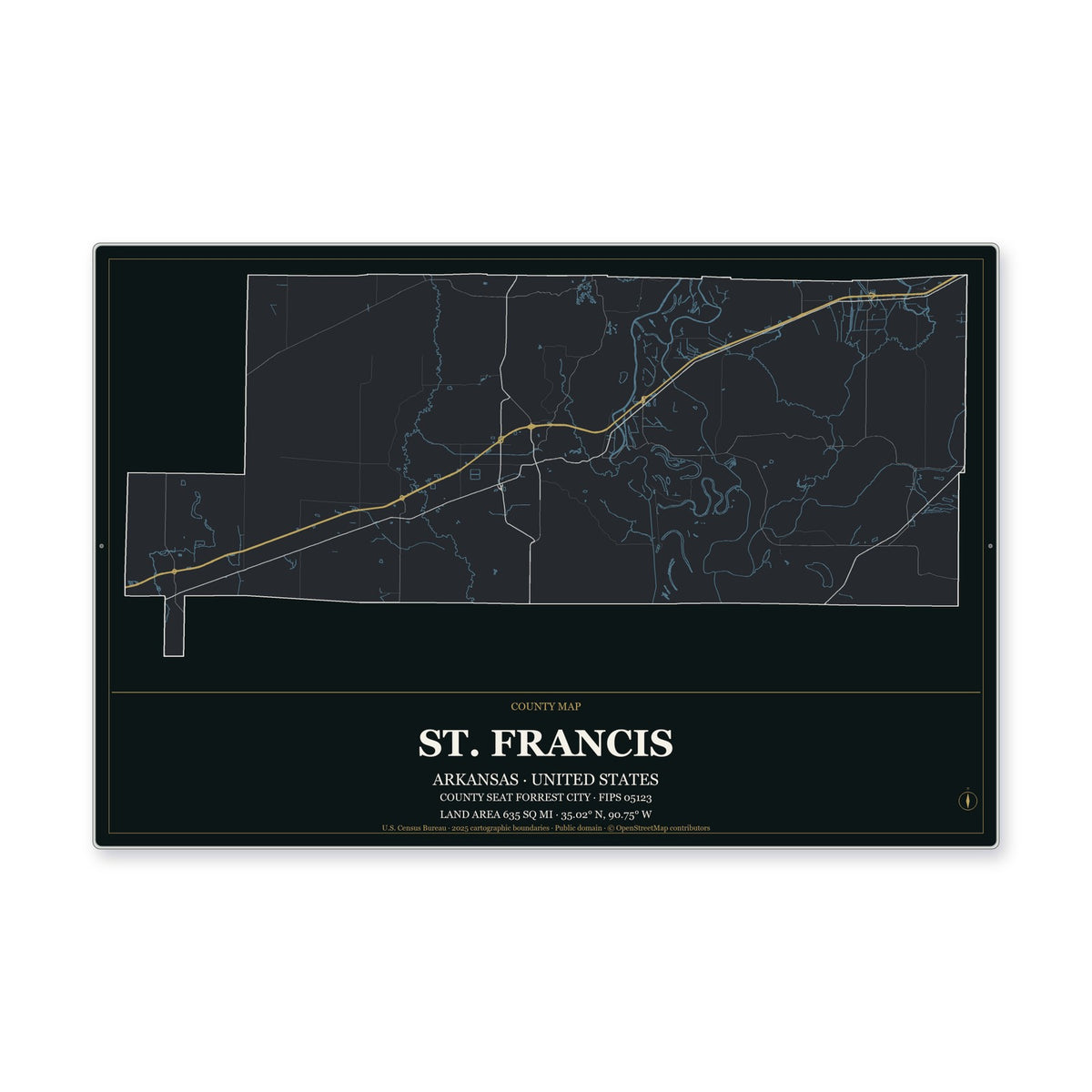 St. Francis County, Arkansas Map Aluminum Sign in Metropolitan Noir style