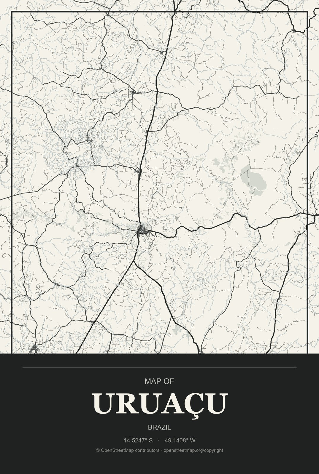 Uruaçu, Brazil City Map Aluminum Sign in Museum Plaque style