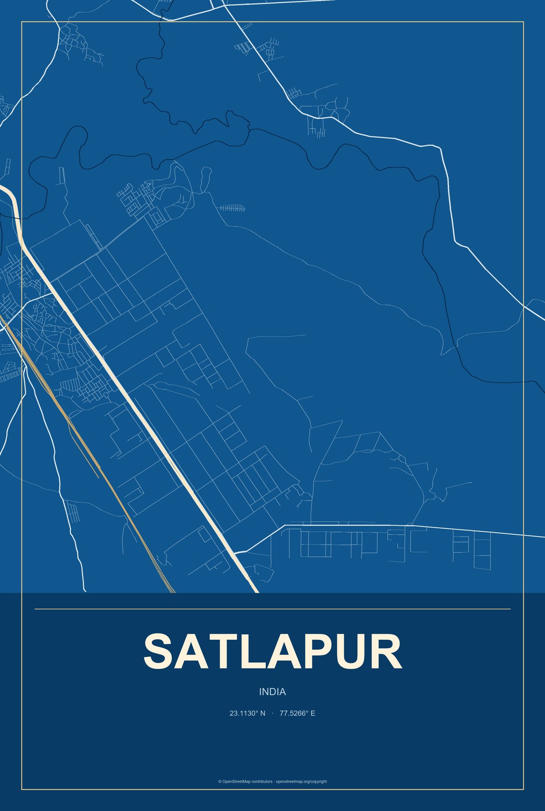 Satlapur, India City Map Aluminum Sign in Harbor Cobalt style