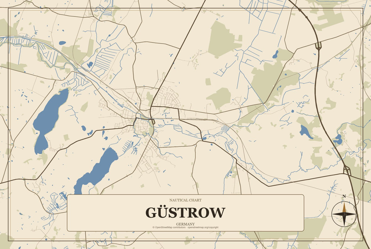 Güstrow, Germany City Map Aluminum Sign in Heritage Nautical style
