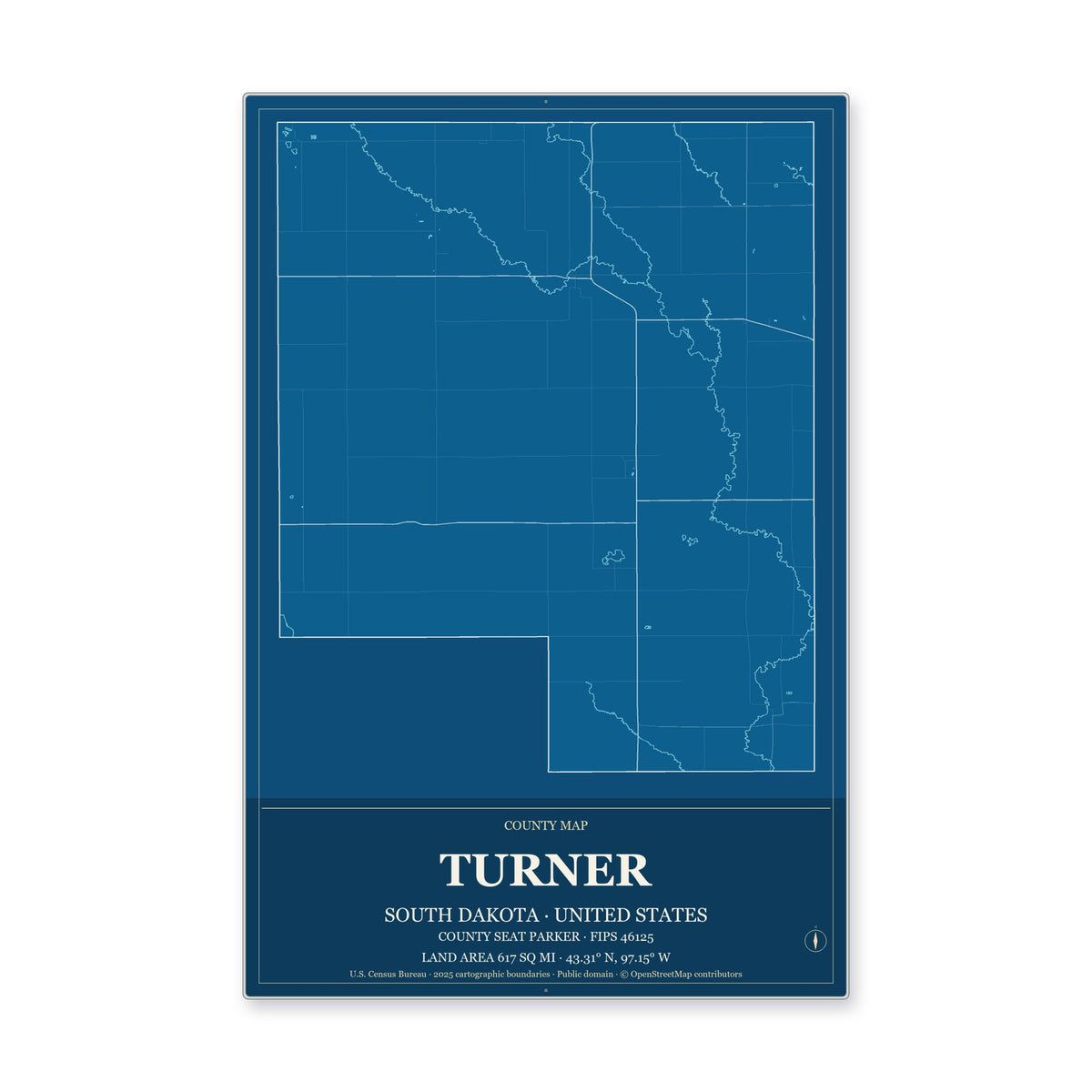 Turner County, South Dakota Map Aluminum Sign in Harbor Cobalt style