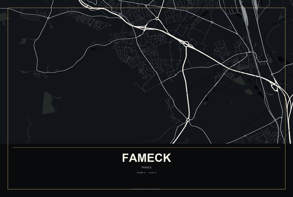 Fameck, France City Map Aluminum Sign in Metropolitan Noir style
