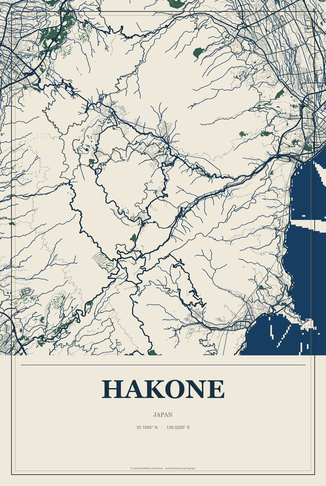 Hakone, Japan City Map Aluminum Sign in Coastal Cutout style