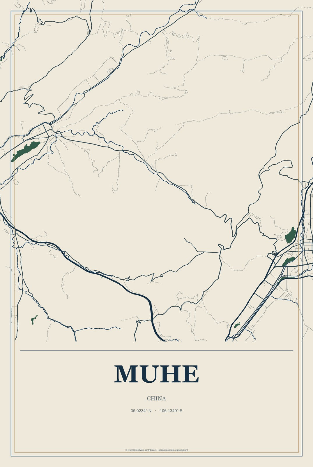Muhe, China City Map Aluminum Sign in Coastal Cutout style