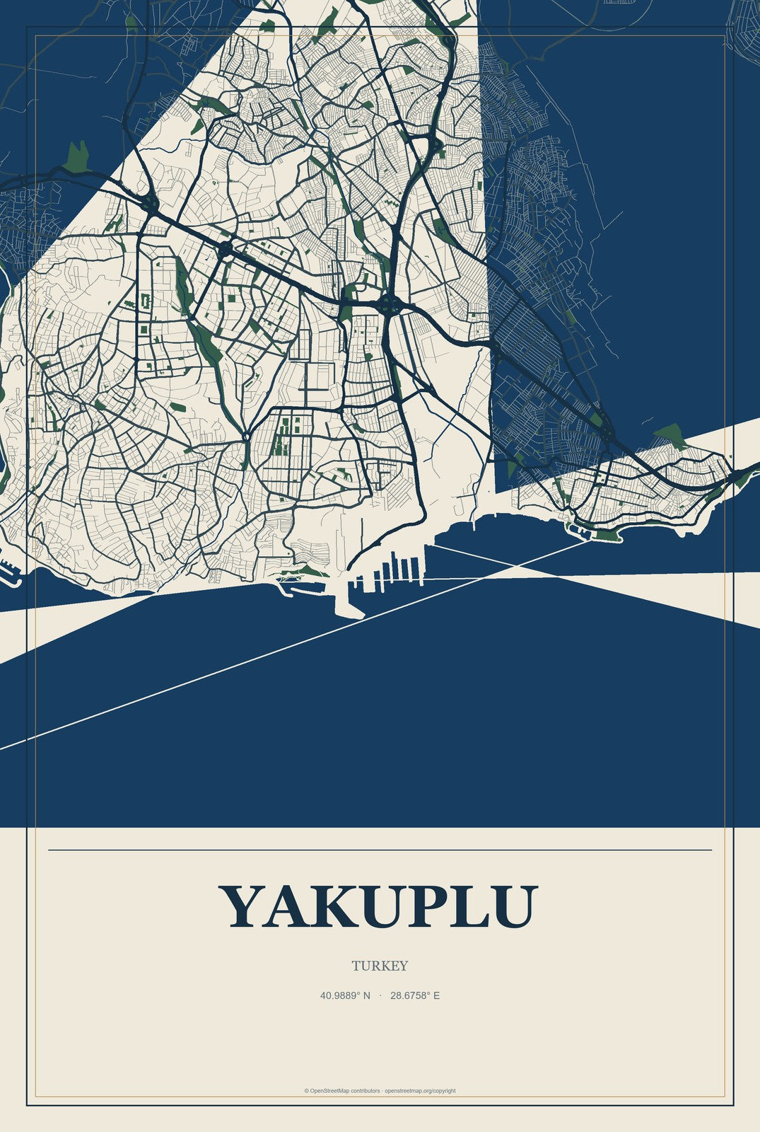 Yakuplu, Turkey City Map Aluminum Sign in Coastal Cutout style