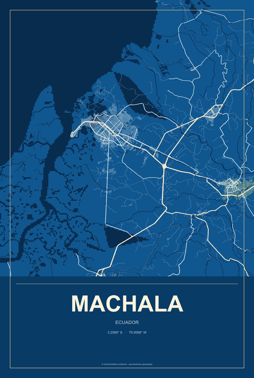 Machala, Ecuador City Map Aluminum Sign in Harbor Cobalt style