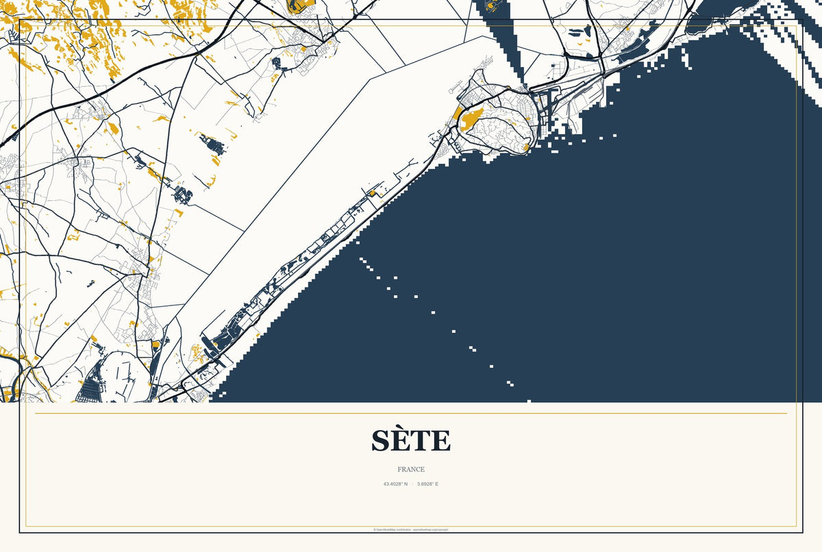 Sète, France City Map Aluminum Sign in Citrine Modern style