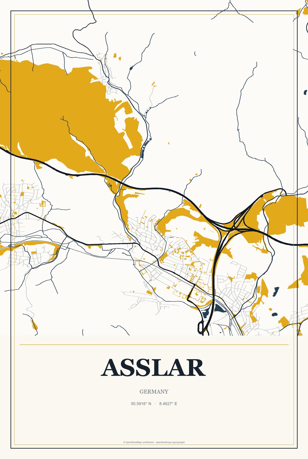 Aßlar, Germany City Map Aluminum Sign in Citrine Modern style