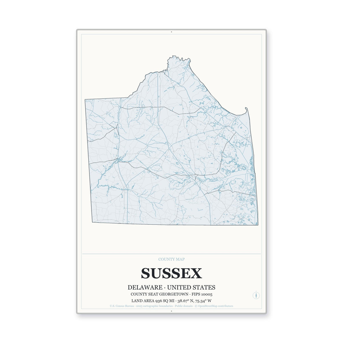 Sussex County, Delaware Map Aluminum Sign in Gallery Air style