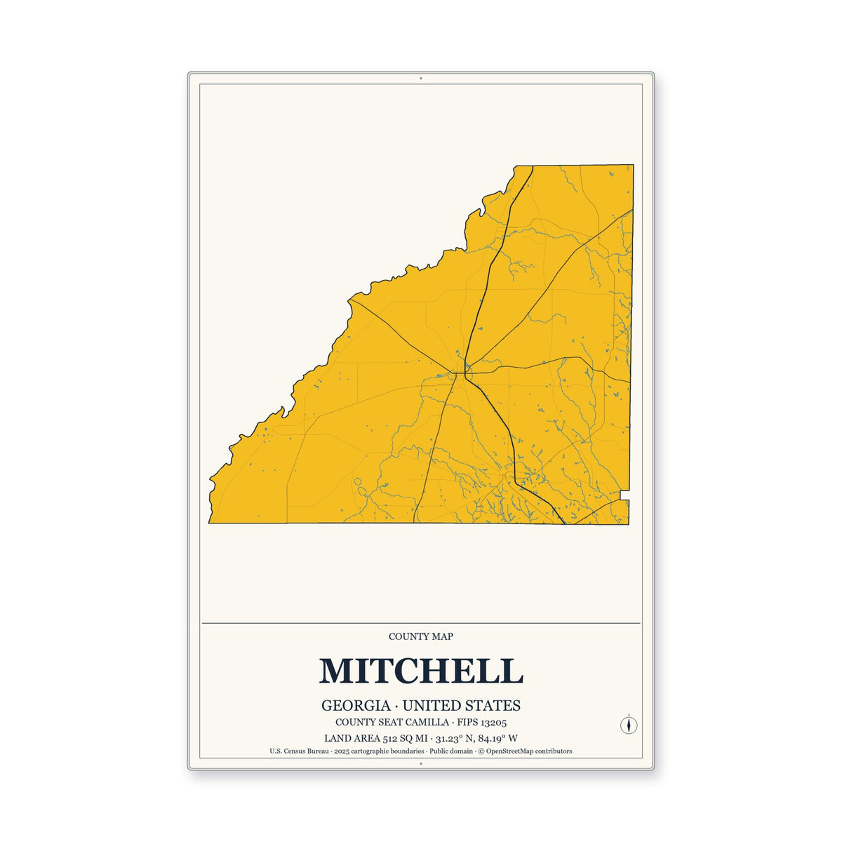 Mitchell County, Georgia Map Aluminum Sign in Citrine Modern style