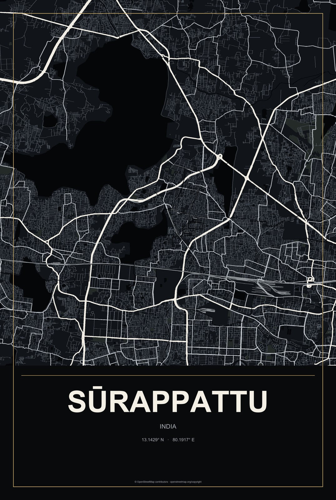 Sūrappattu, India City Map Aluminum Sign in Metropolitan Noir style