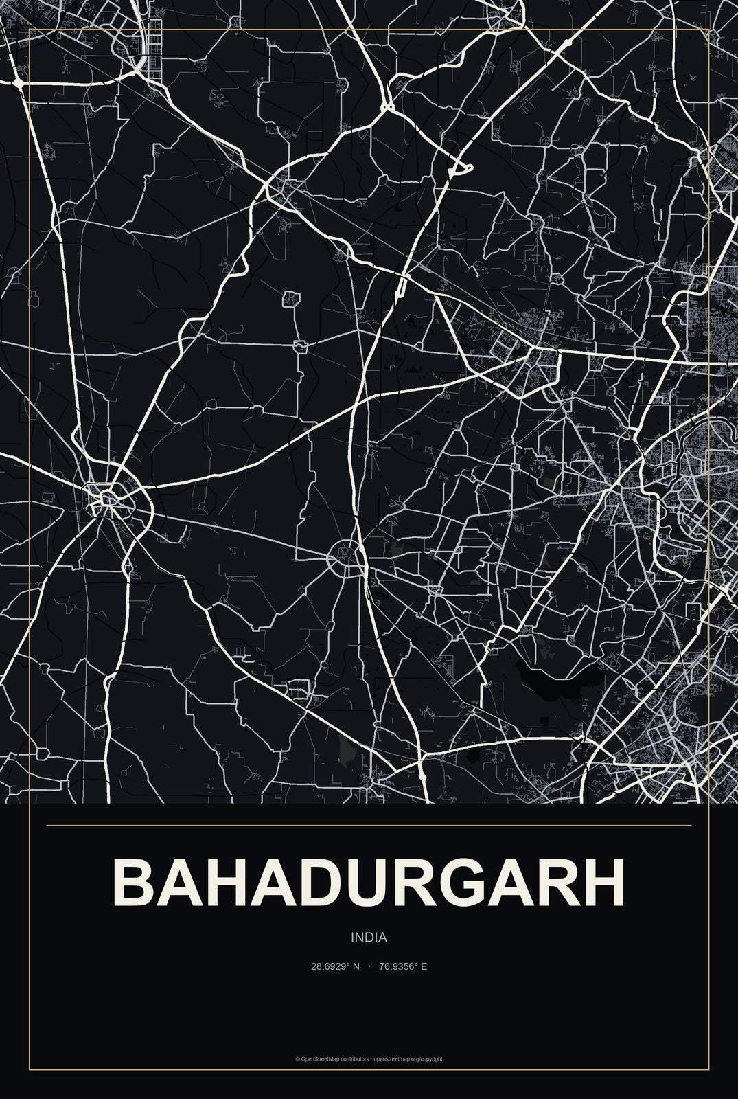 Bahadurgarh, India City Map Aluminum Sign in Metropolitan Noir style