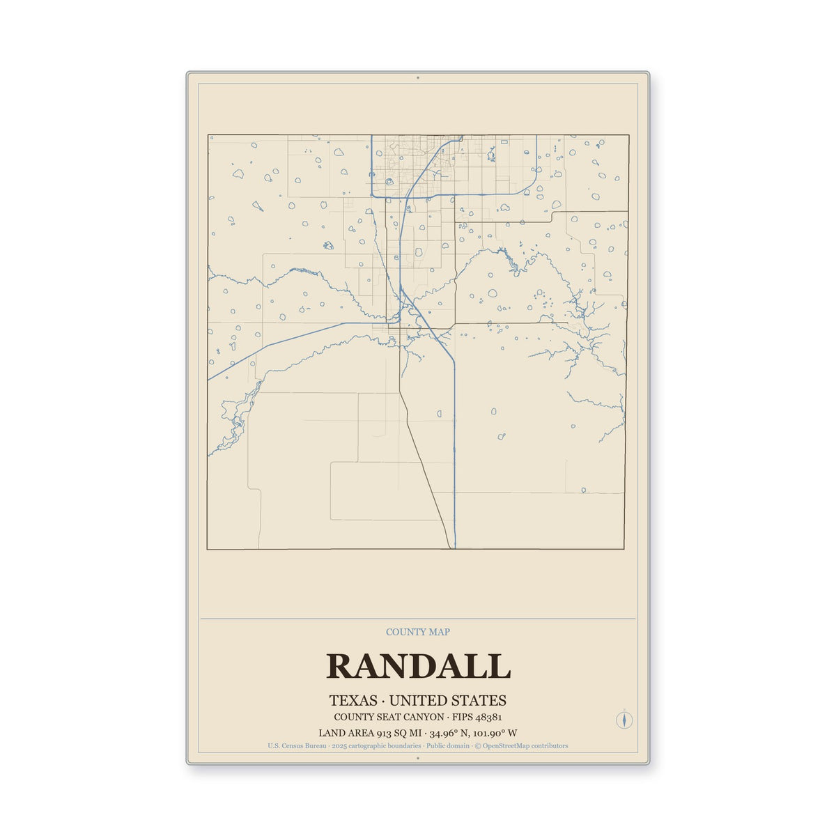 Randall County, Texas Map Aluminum Sign in Heritage Nautical style