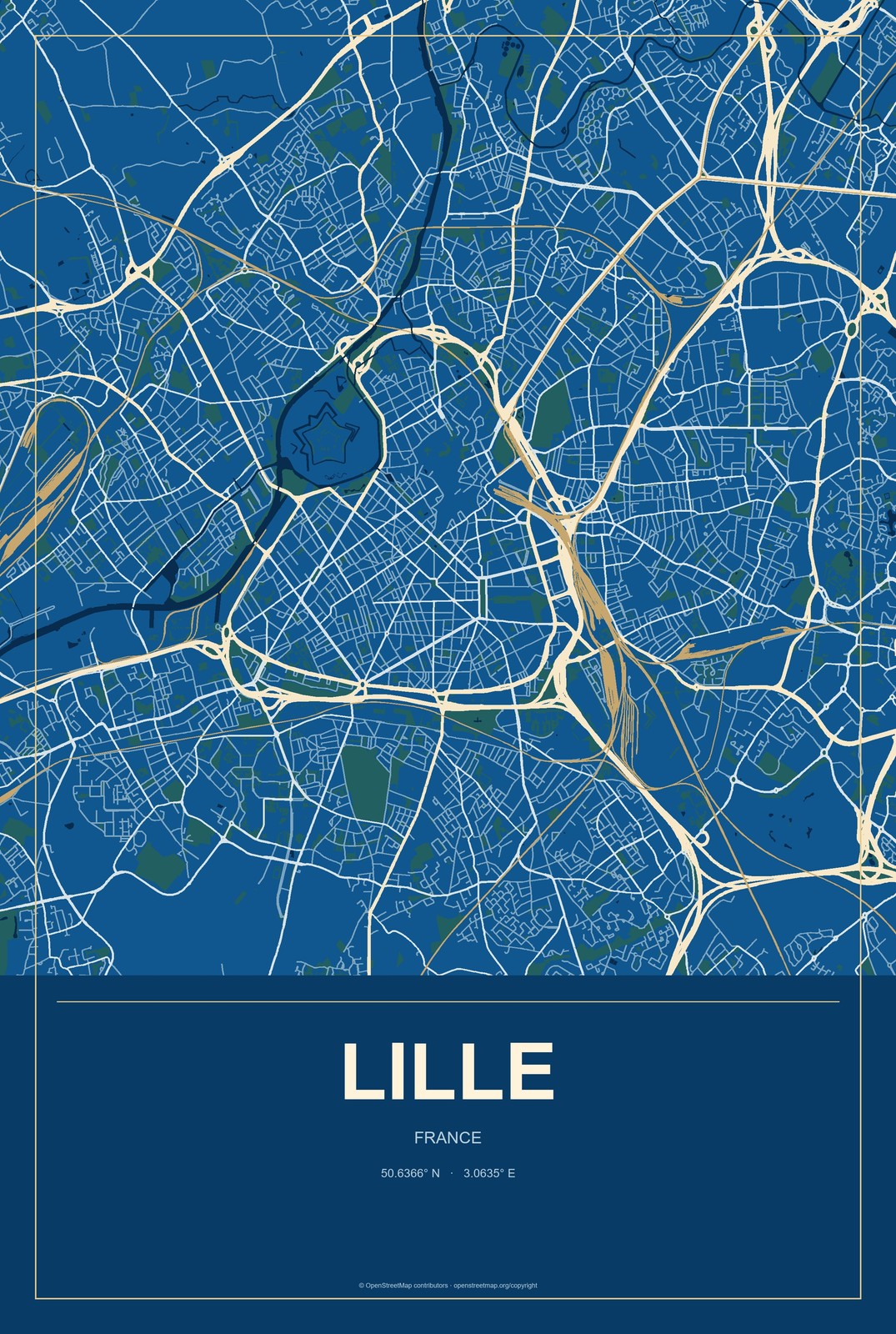Lille, France City Map Aluminum Sign in Harbor Cobalt style