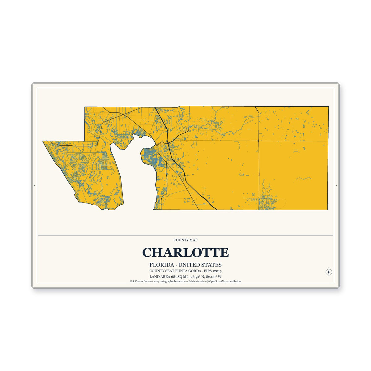 Charlotte County, Florida Map Aluminum Sign in Citrine Modern style