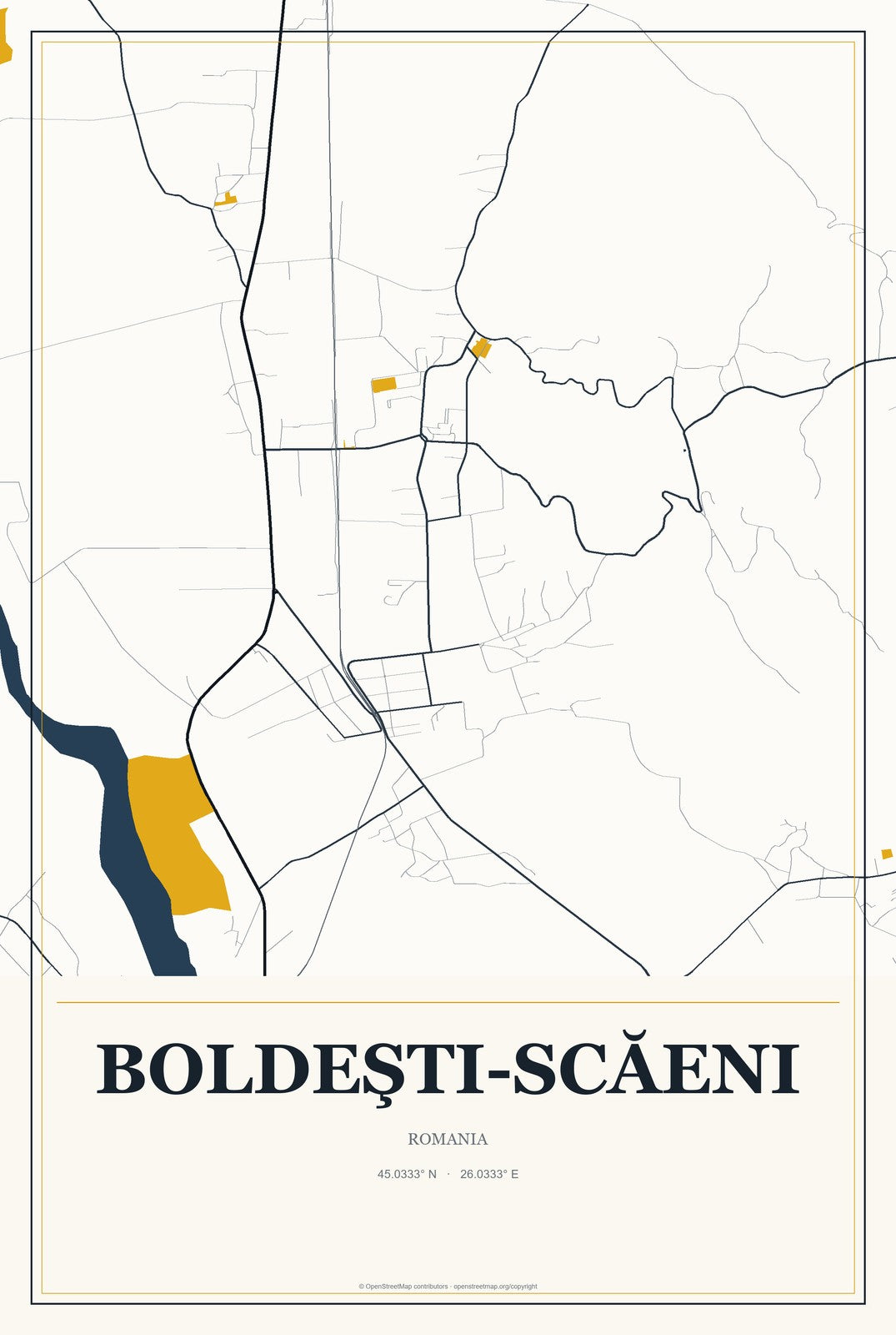 Boldeşti-Scăeni, Romania City Map Aluminum Sign in Citrine Modern style
