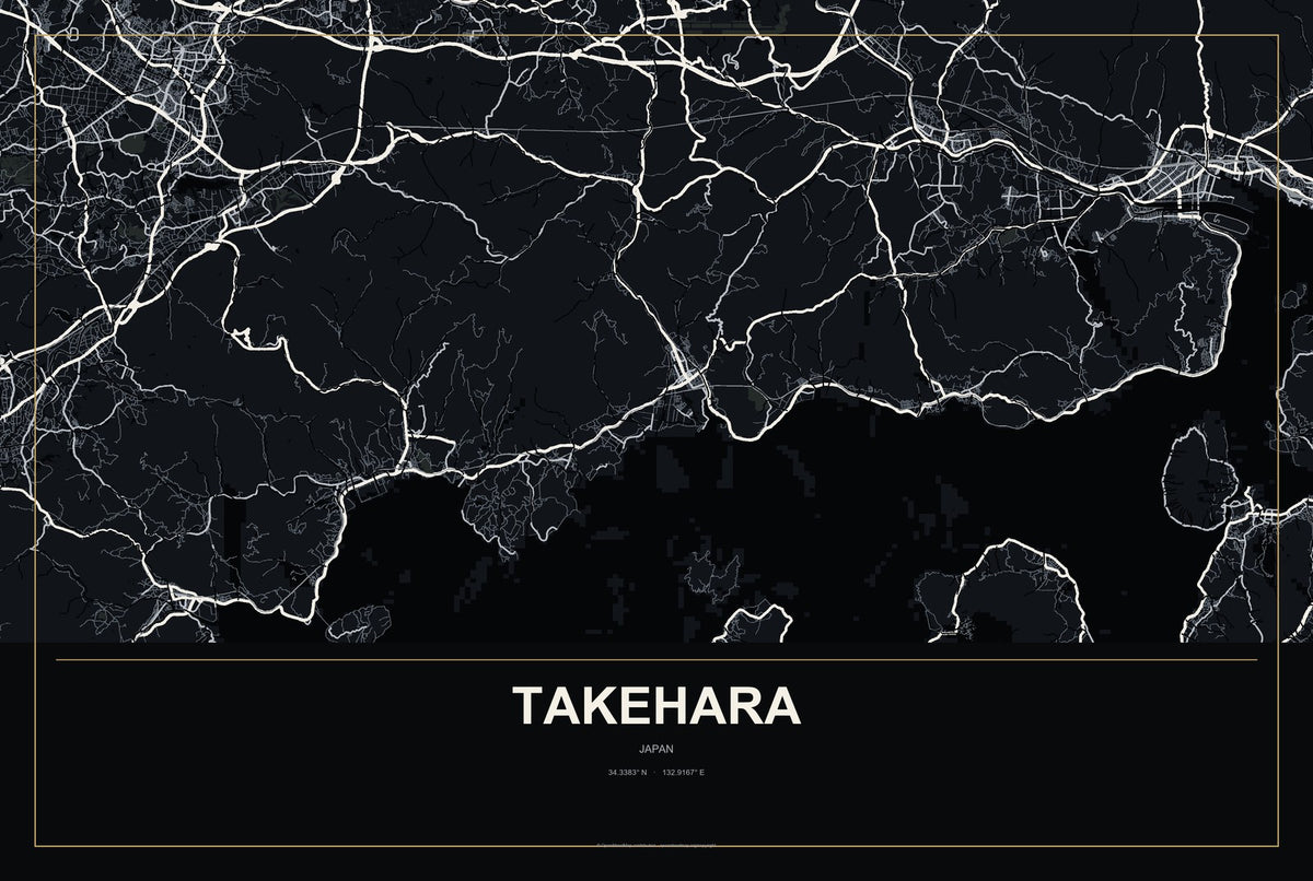 Takehara, Japan City Map Aluminum Sign in Metropolitan Noir style