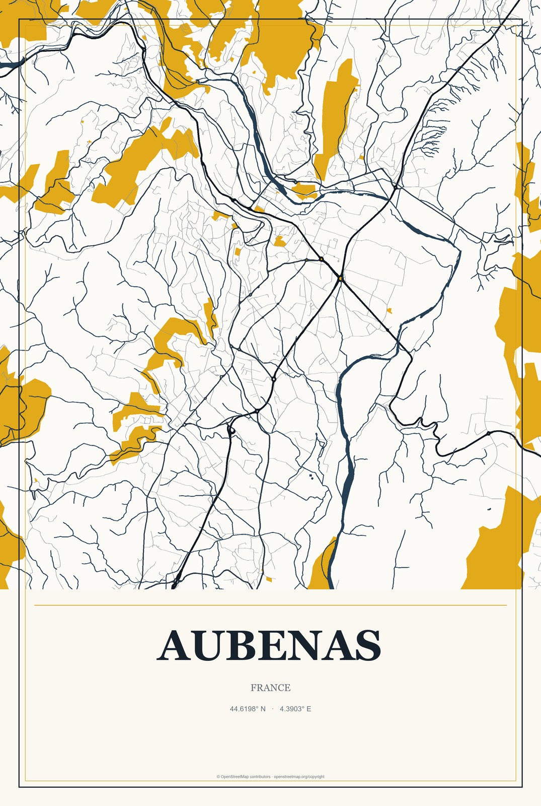 Aubenas, France City Map Aluminum Sign in Citrine Modern style