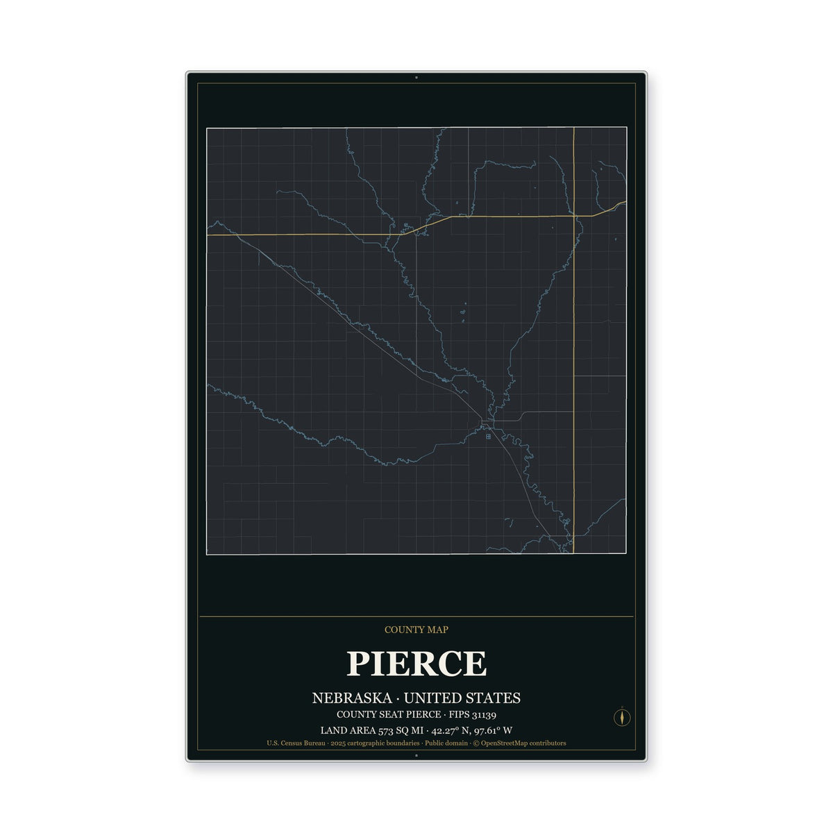 Pierce County, Nebraska Map Aluminum Sign in Metropolitan Noir style