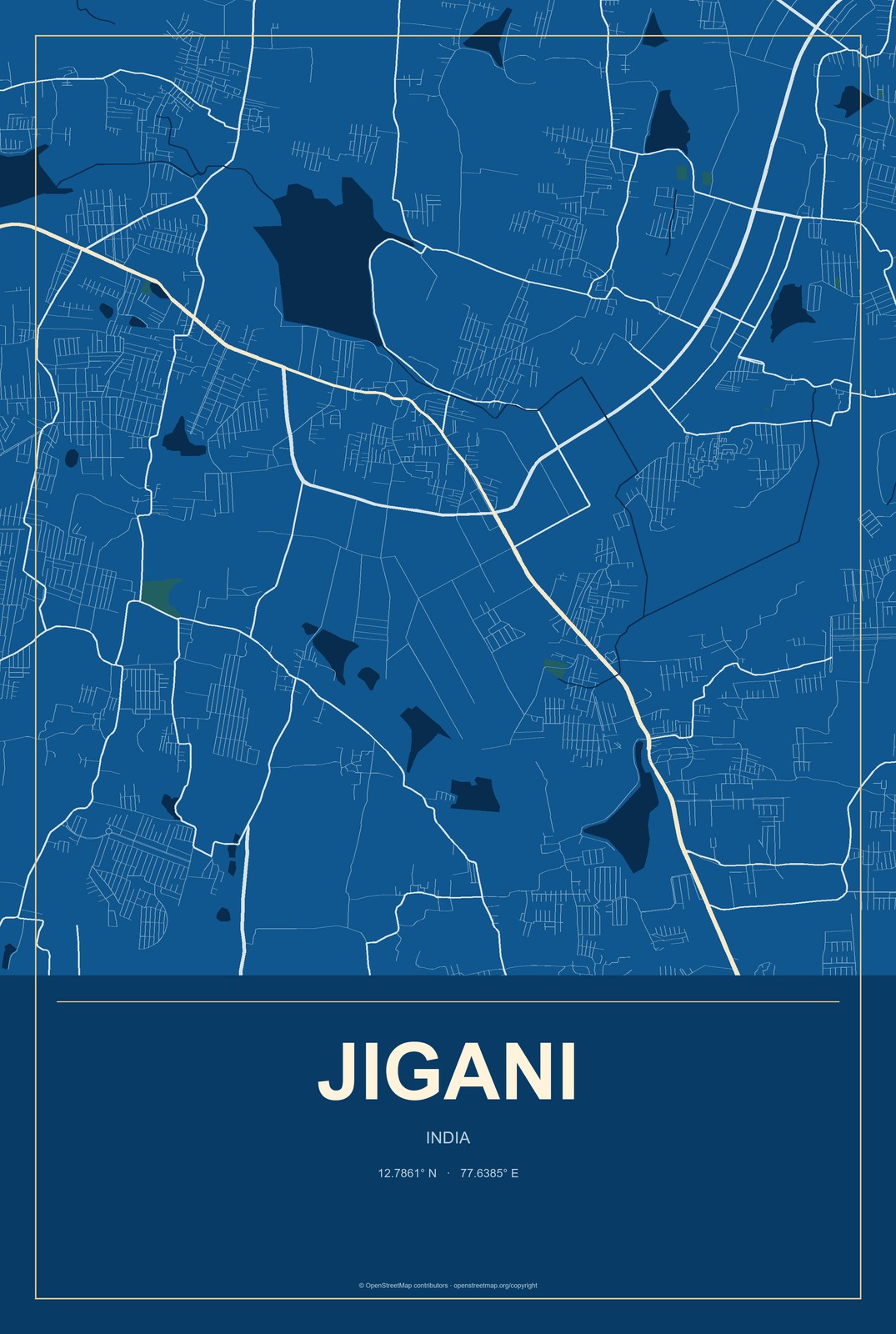 Jigani, India City Map Aluminum Sign in Harbor Cobalt style
