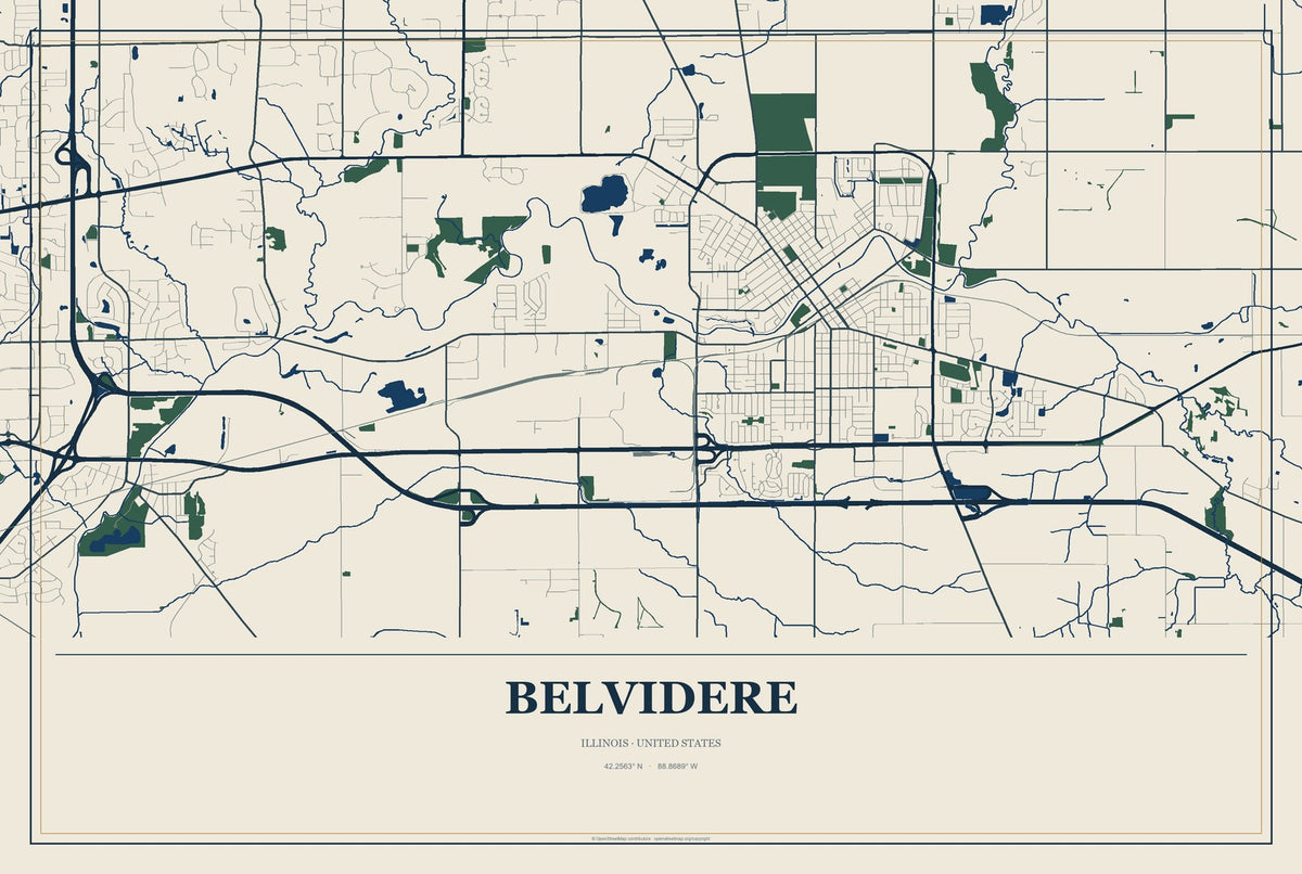 Belvidere, Illinois City Map Aluminum Sign in Coastal Cutout style