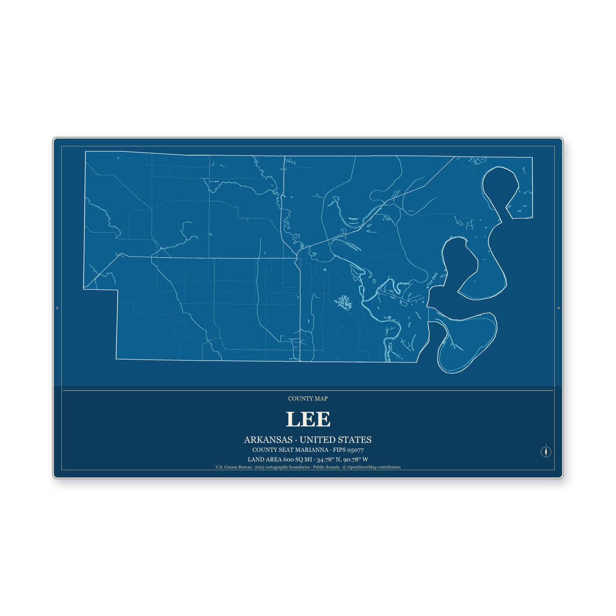 Lee County, Arkansas Map Aluminum Sign in Harbor Cobalt style