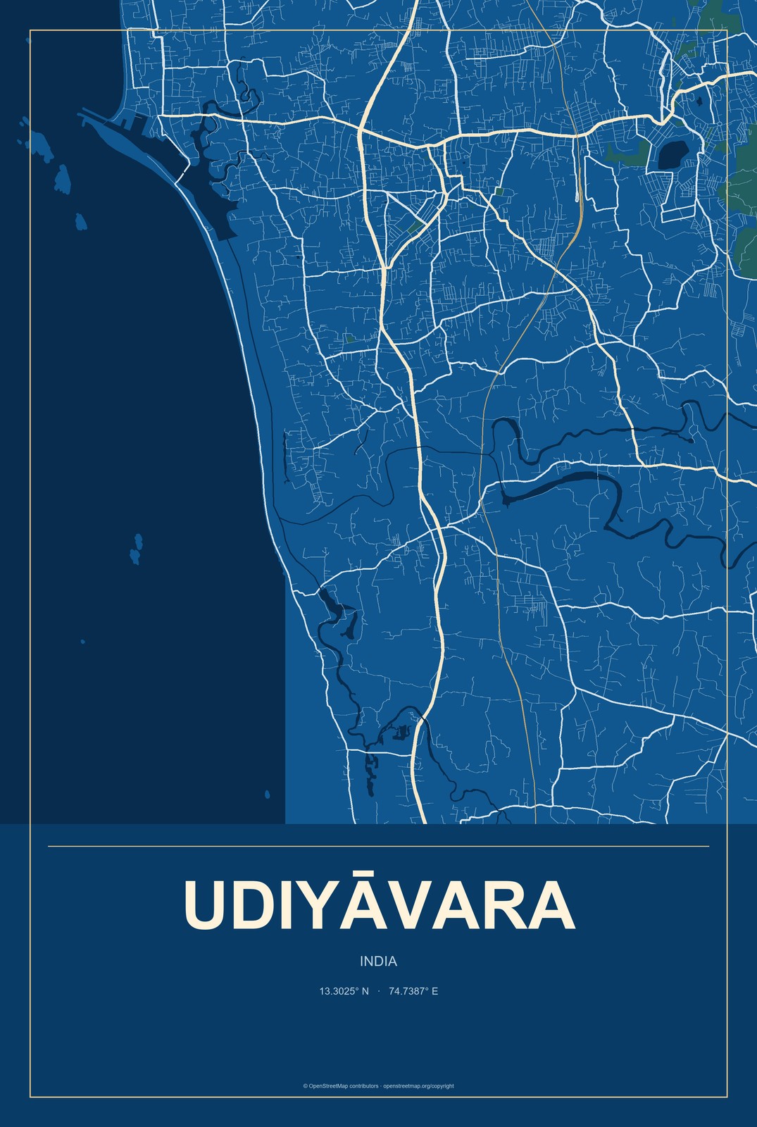 Udiyāvara, India City Map Aluminum Sign in Harbor Cobalt style